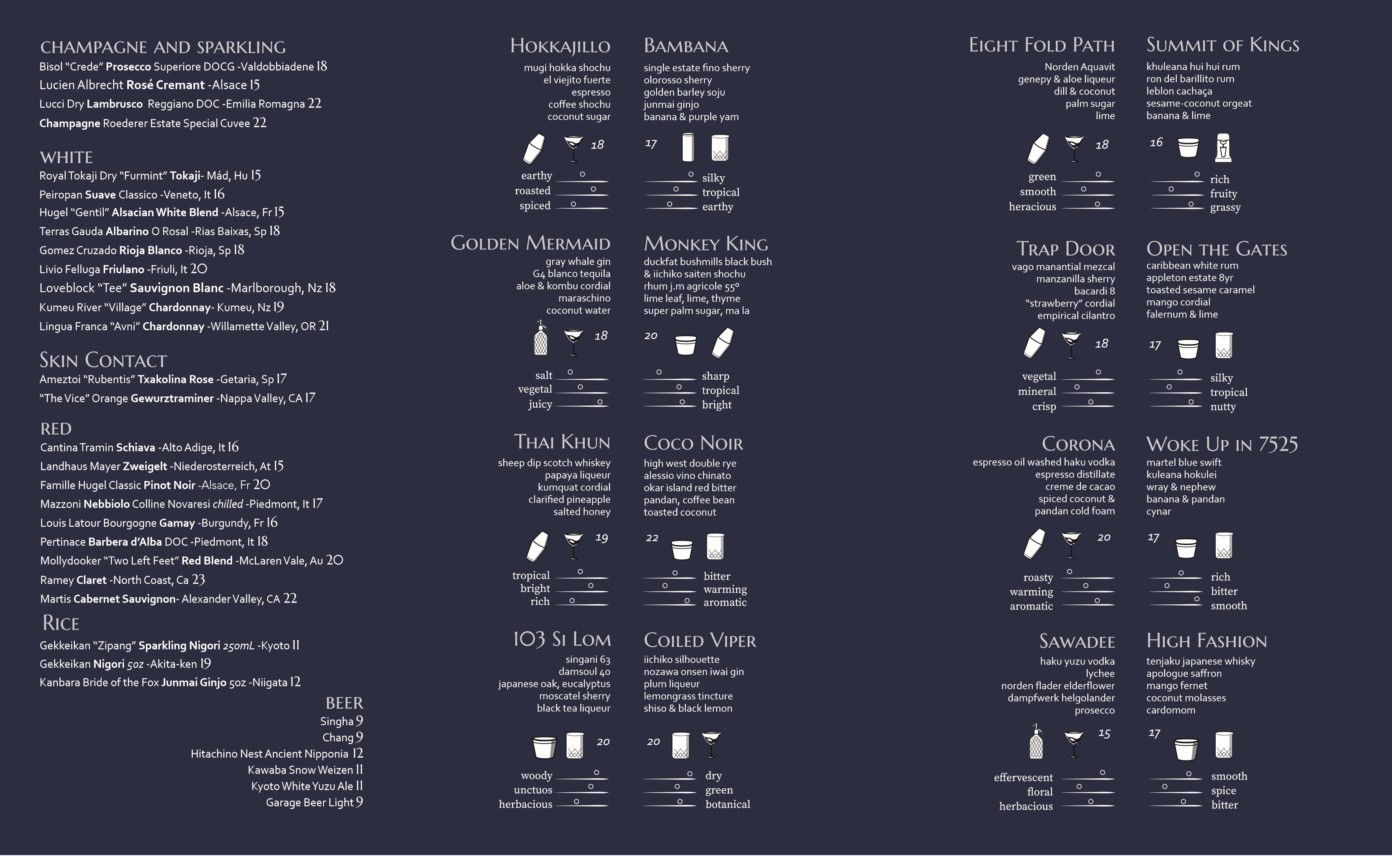 Sura cocktail, wine, beer, and sake list