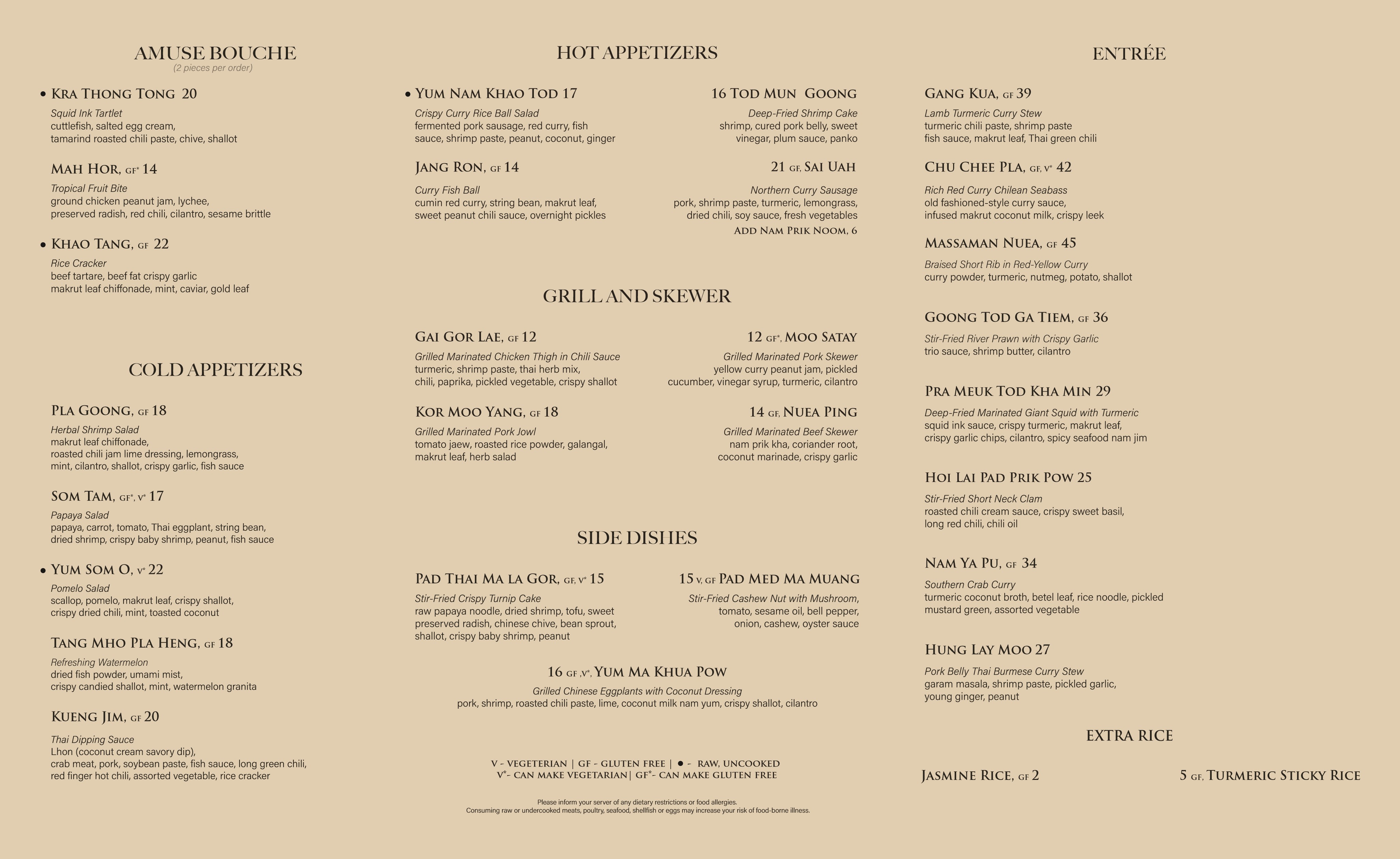 Tarra dinner menu